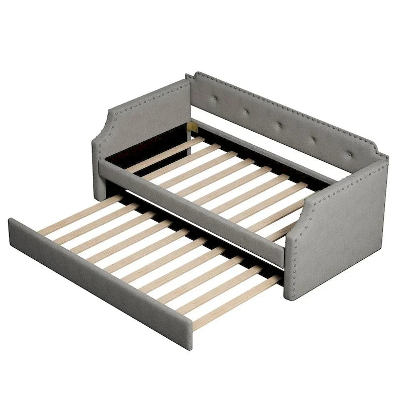 Twin Upholstered Daybed with Pull-Out Trundle – Tufted Back, Nailhead Trim & Wood Slat Support