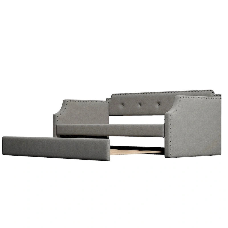 Twin Upholstered Daybed with Pull-Out Trundle – Tufted Back, Nailhead Trim & Wood Slat Support