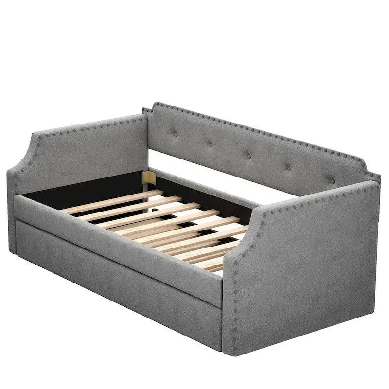Twin Upholstered Daybed with Pull-Out Trundle – Tufted Back, Nailhead Trim & Wood Slat Support