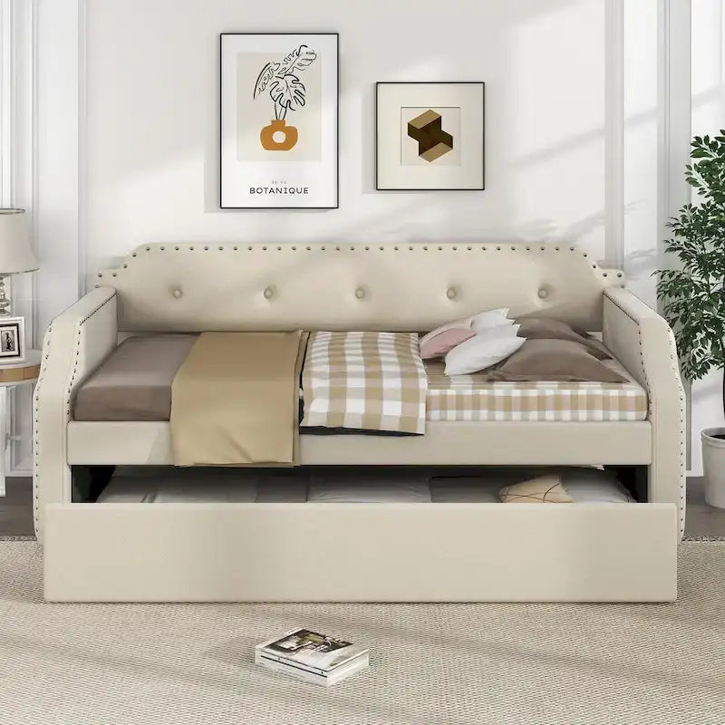 Twin Upholstered Daybed with Pull-Out Trundle – Tufted Back, Nailhead Trim & Wood Slat Support