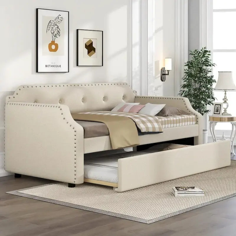 Twin Upholstered Daybed with Pull-Out Trundle – Tufted Back, Nailhead Trim & Wood Slat Support