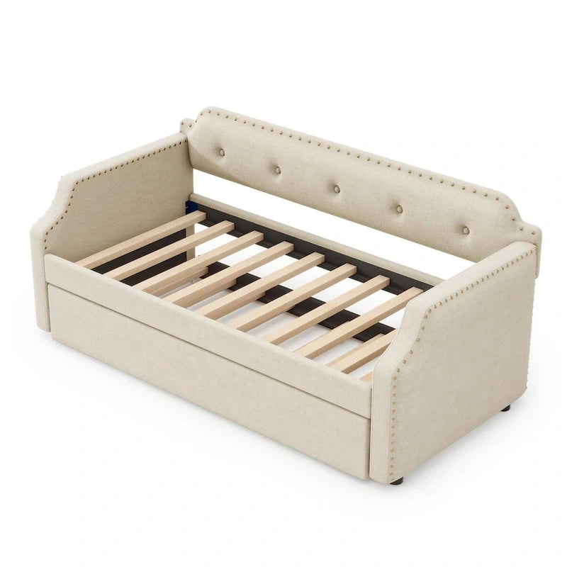 Twin Upholstered Daybed with Pull-Out Trundle – Tufted Back, Nailhead Trim & Wood Slat Support