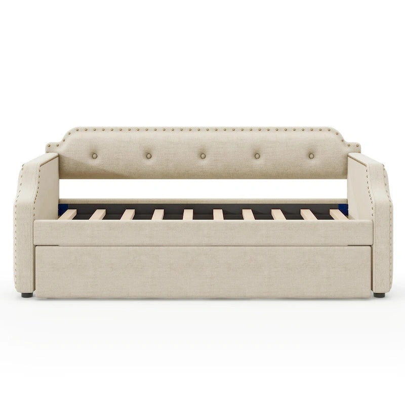 Twin Upholstered Daybed with Pull-Out Trundle – Tufted Back, Nailhead Trim & Wood Slat Support