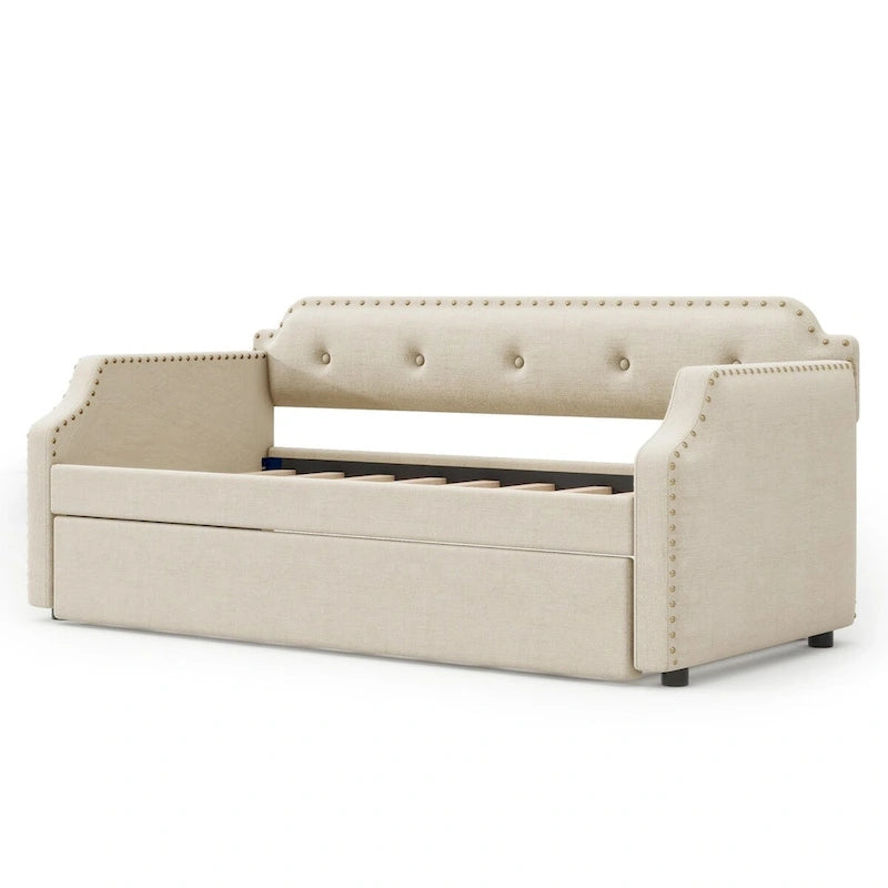 Twin Upholstered Daybed with Pull-Out Trundle – Tufted Back, Nailhead Trim & Wood Slat Support