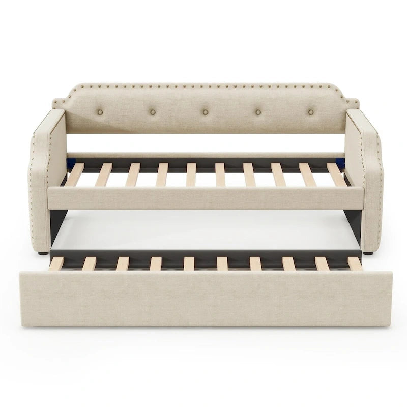 Twin Upholstered Daybed with Pull-Out Trundle – Tufted Back, Nailhead Trim & Wood Slat Support