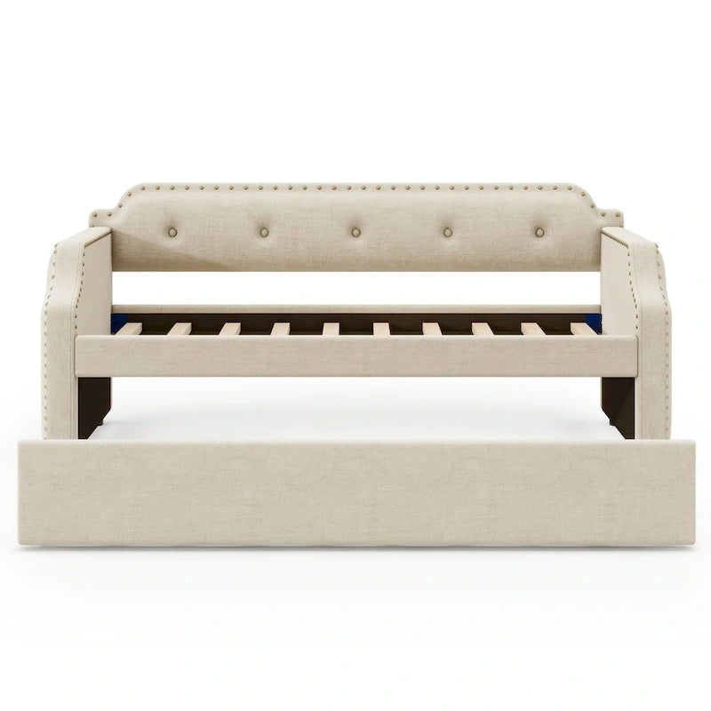 Twin Upholstered Daybed with Pull-Out Trundle – Tufted Back, Nailhead Trim & Wood Slat Support
