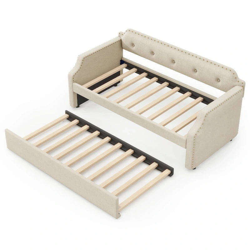 Twin Upholstered Daybed with Pull-Out Trundle – Tufted Back, Nailhead Trim & Wood Slat Support