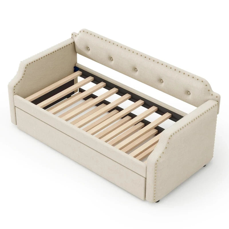 Twin Upholstered Daybed with Pull-Out Trundle – Tufted Back, Nailhead Trim & Wood Slat Support