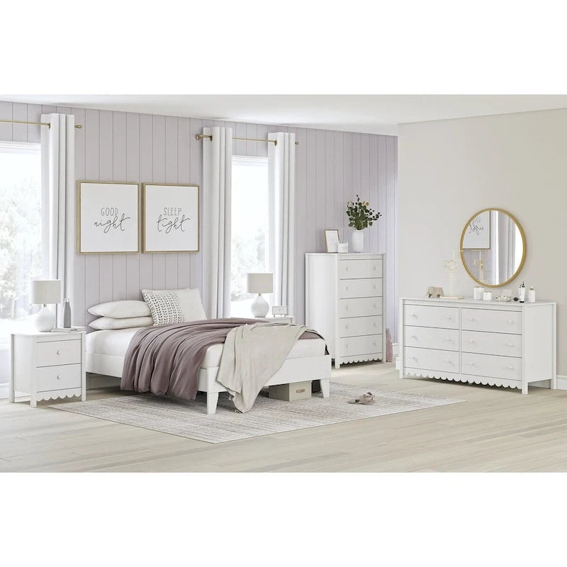 Full Platform Bed Frame with Scalloped Detail & Matte White Finish – No Box Spring Needed