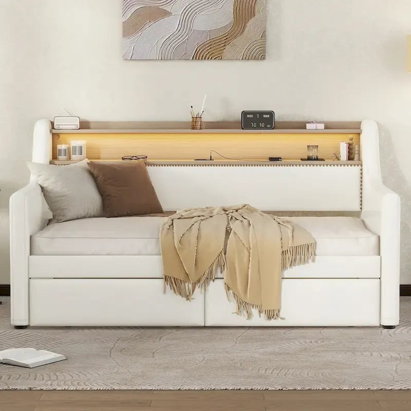 Upholstered Daybed with Storage Drawers, LED Lighting & Charging Station
