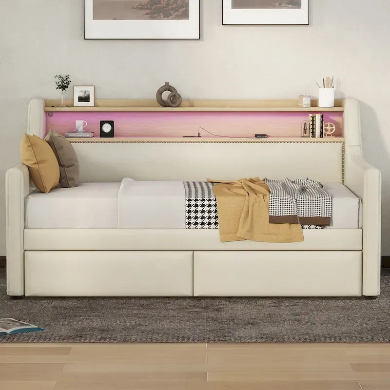 Upholstered Daybed with Storage Drawers, LED Lighting & Charging Station