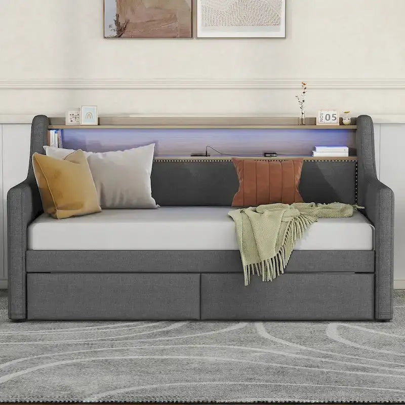Upholstered Daybed with Storage Drawers, LED Lighting & Charging Station