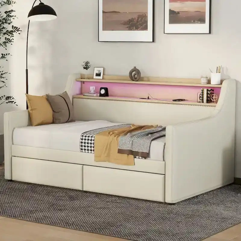 Upholstered Daybed with Storage Drawers, LED Lighting & Charging Station