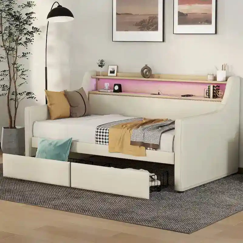 Upholstered Daybed with Storage Drawers, LED Lighting & Charging Station
