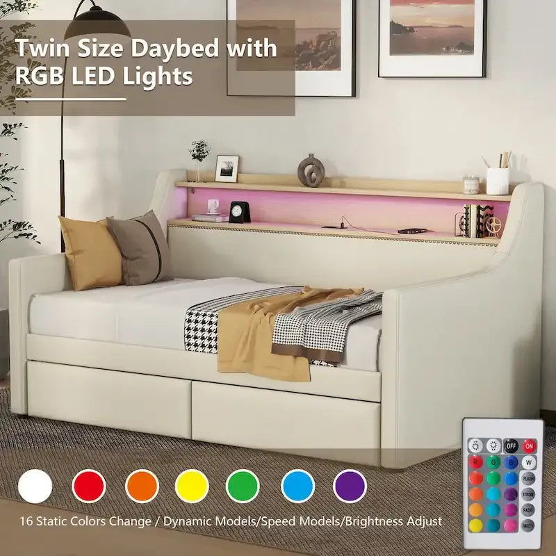 Upholstered Daybed with Storage Drawers, LED Lighting & Charging Station