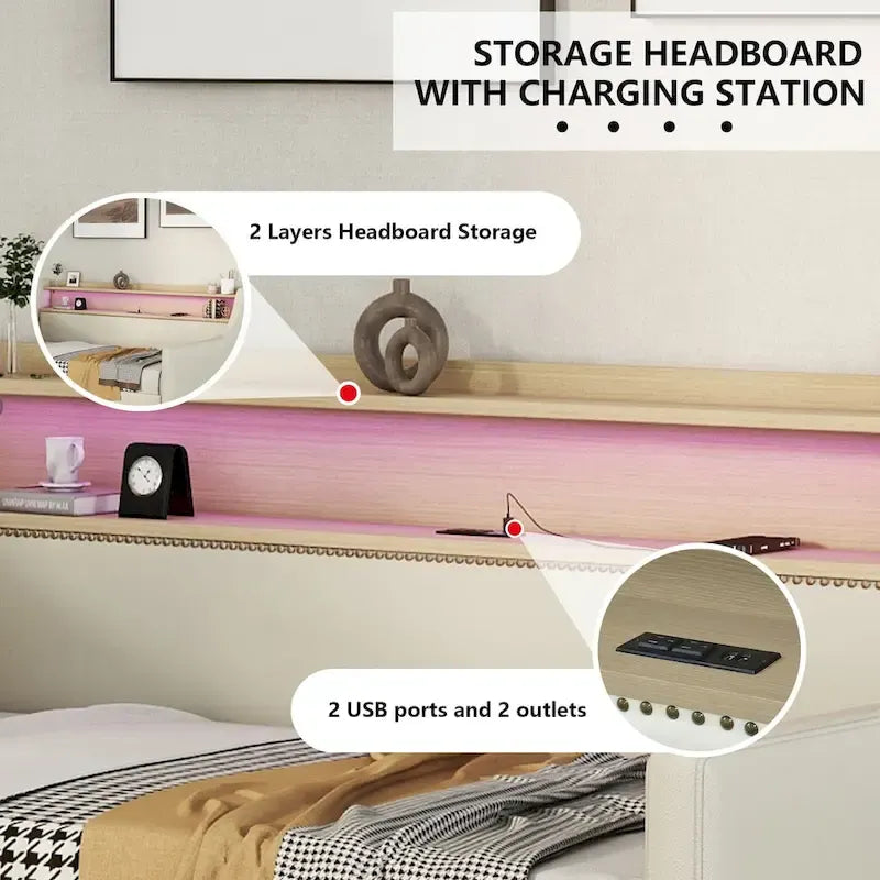 Upholstered Daybed with Storage Drawers, LED Lighting & Charging Station