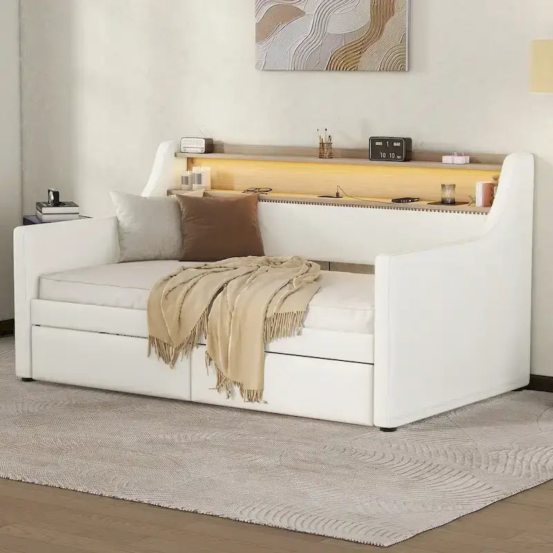 Upholstered Daybed with Storage Drawers, LED Lighting & Charging Station