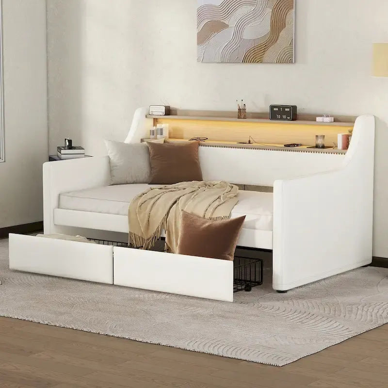 Upholstered Daybed with Storage Drawers, LED Lighting & Charging Station