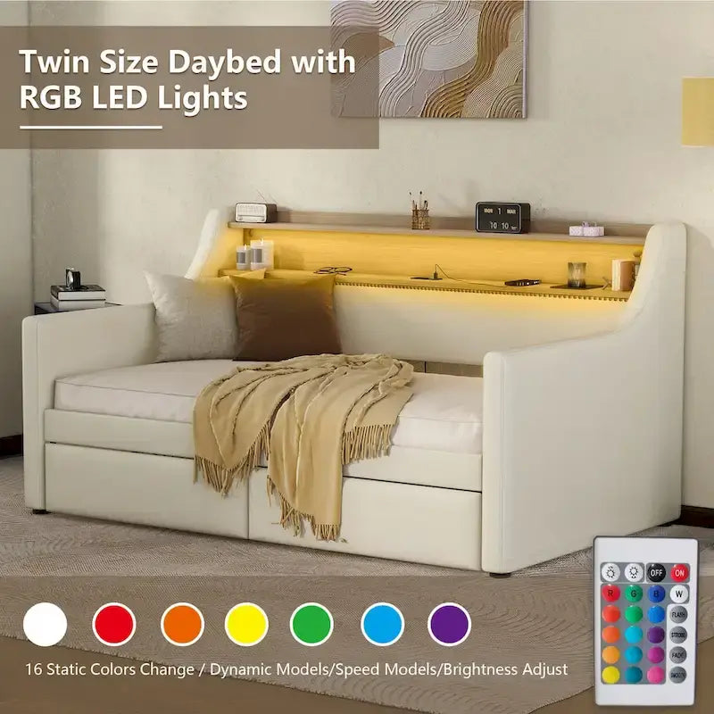 Upholstered Daybed with Storage Drawers, LED Lighting & Charging Station