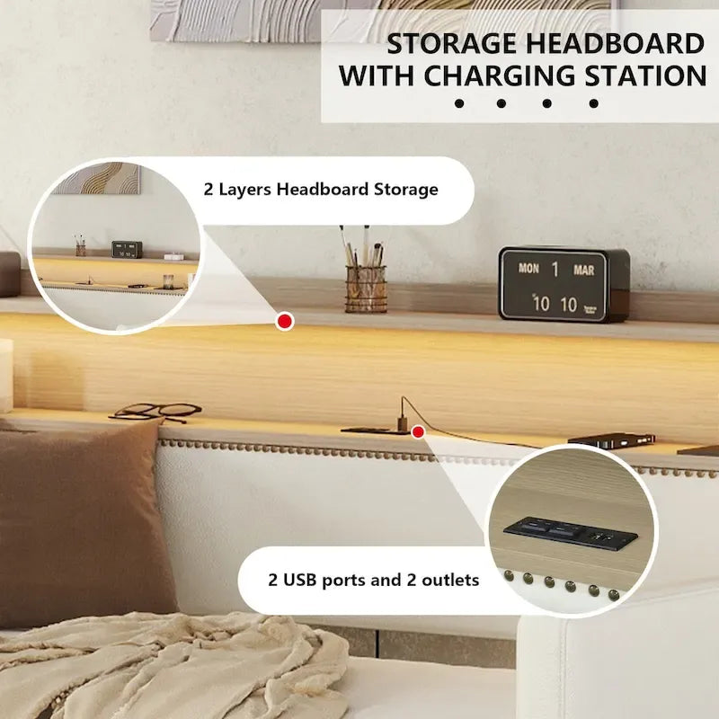 Upholstered Daybed with Storage Drawers, LED Lighting & Charging Station