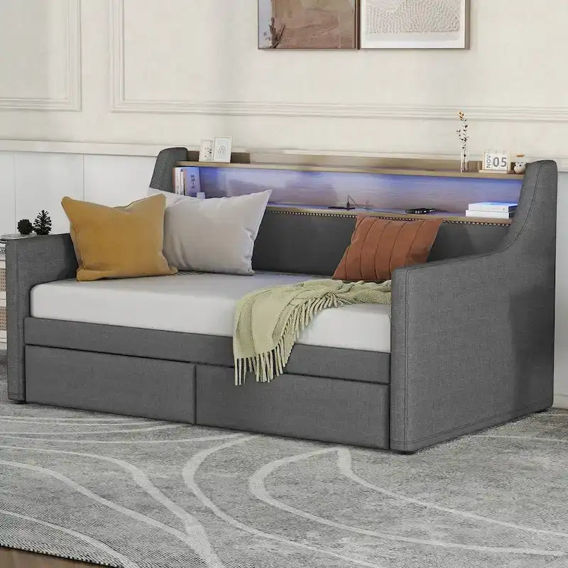 Upholstered Daybed with Storage Drawers, LED Lighting & Charging Station