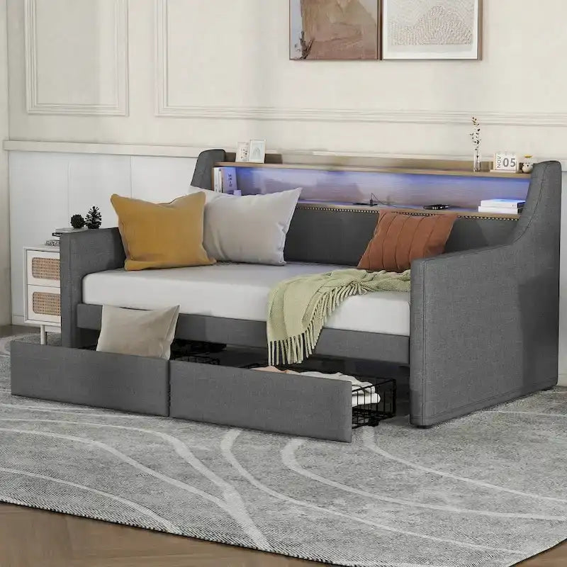 Upholstered Daybed with Storage Drawers, LED Lighting & Charging Station