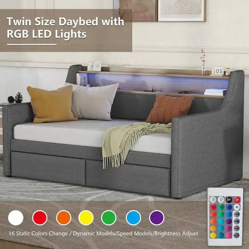 Upholstered Daybed with Storage Drawers, LED Lighting & Charging Station