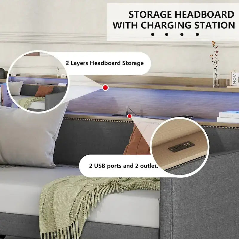 Upholstered Daybed with Storage Drawers, LED Lighting & Charging Station