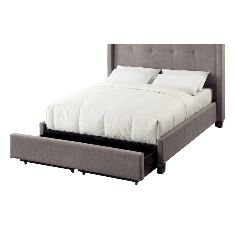 Low Profile Queen Platform Bed with Tufted Headboard & 2 Footboard Storage Drawers – Grey