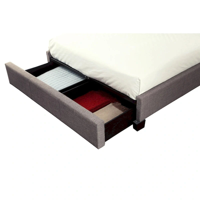 Low Profile Queen Platform Bed with Tufted Headboard & 2 Footboard Storage Drawers – Grey