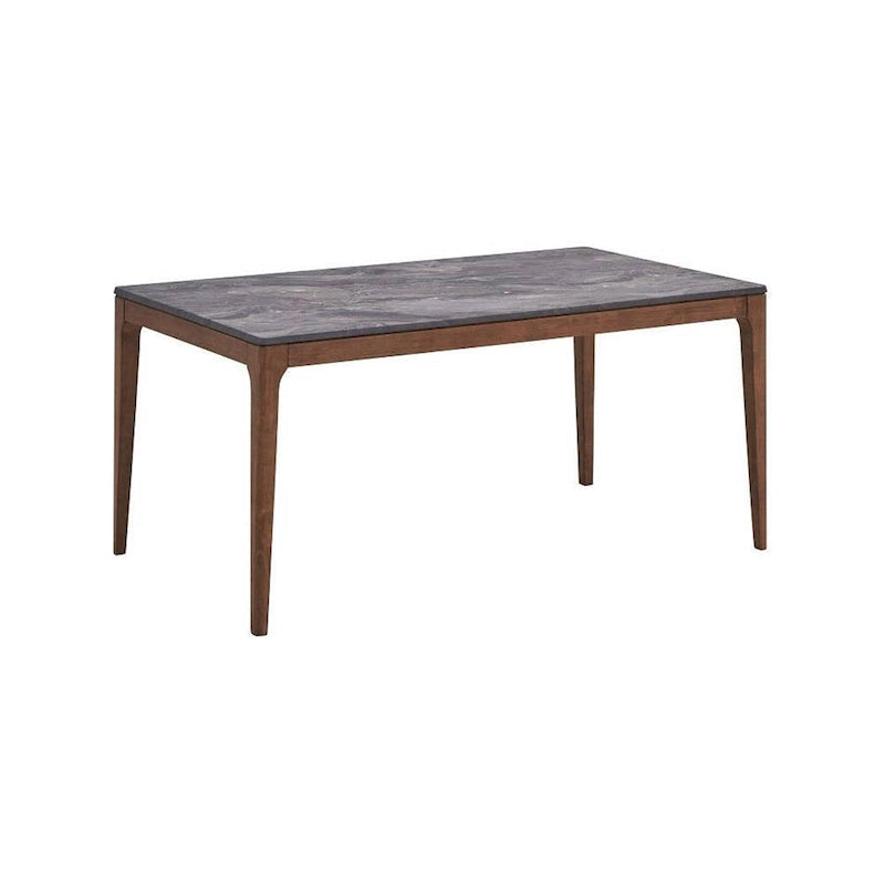 63-Inch Dining Table with Marble-Grain Faux Stone Top & Walnut Tapered Legs