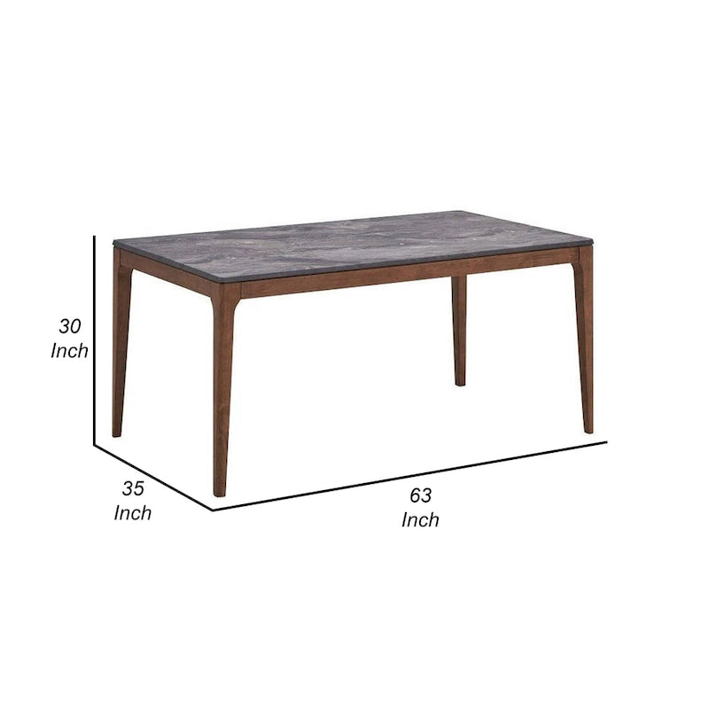 63-Inch Dining Table with Marble-Grain Faux Stone Top & Walnut Tapered Legs