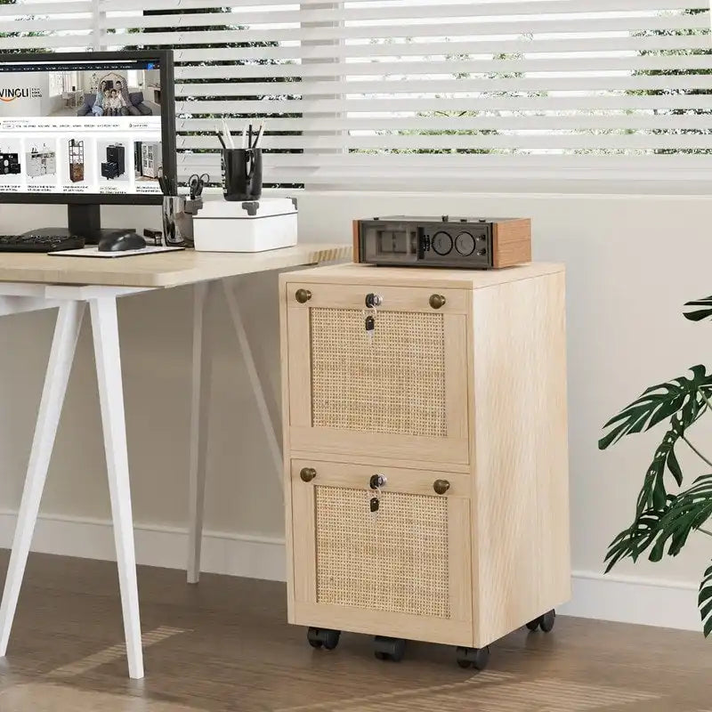 Mobile 2-Drawer File Cabinet with Rattan Panels, Lock & Wheels