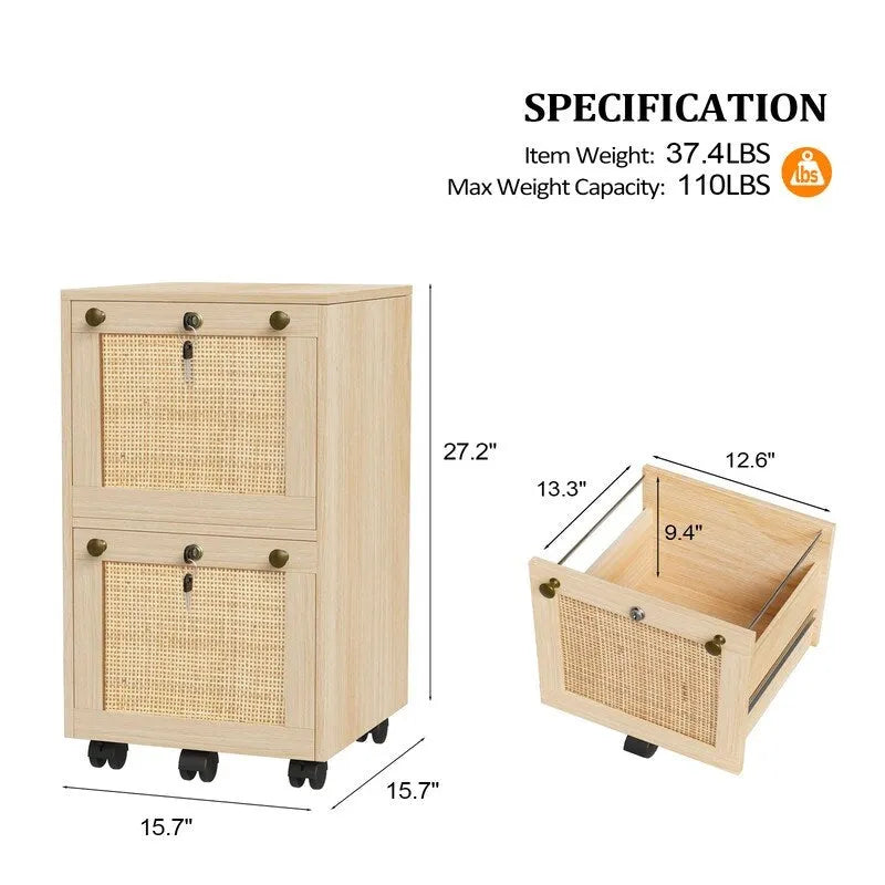 Mobile 2-Drawer File Cabinet with Rattan Panels, Lock & Wheels