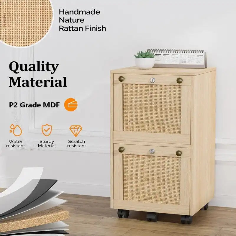 Mobile 2-Drawer File Cabinet with Rattan Panels, Lock & Wheels