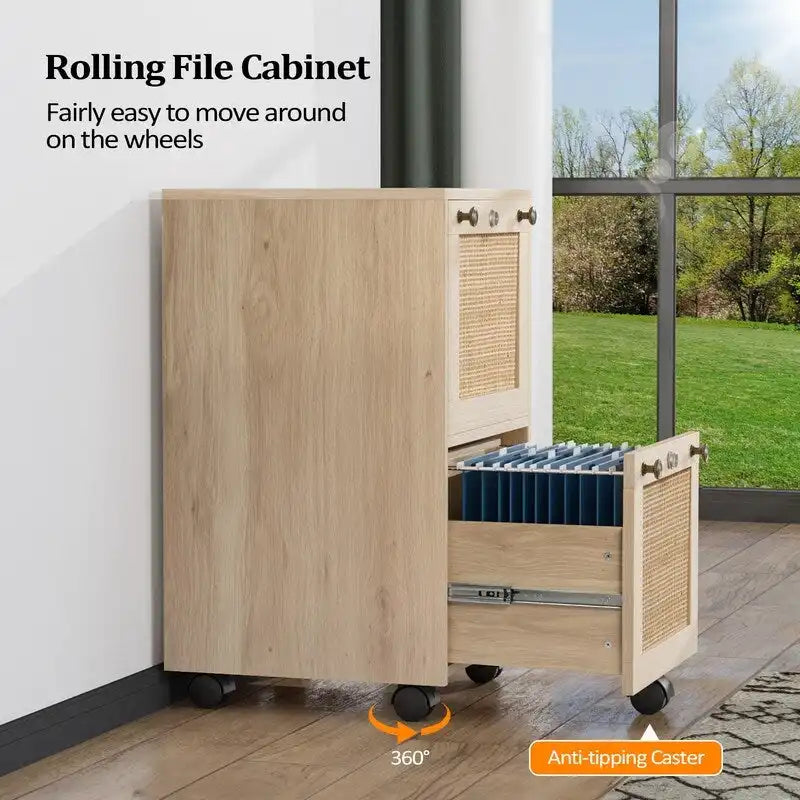 Mobile 2-Drawer File Cabinet with Rattan Panels, Lock & Wheels