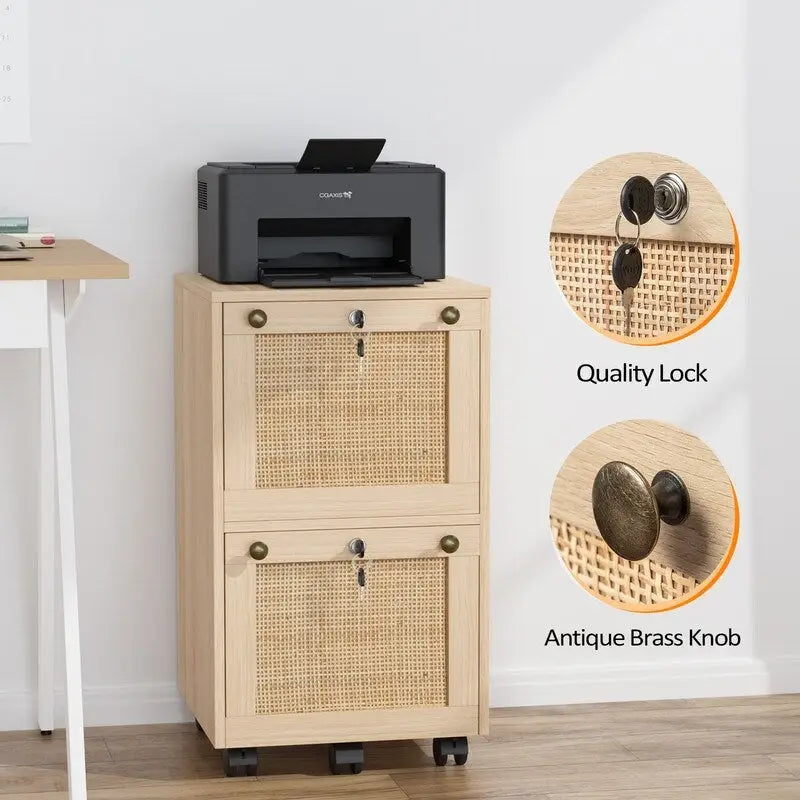 Mobile 2-Drawer File Cabinet with Rattan Panels, Lock & Wheels