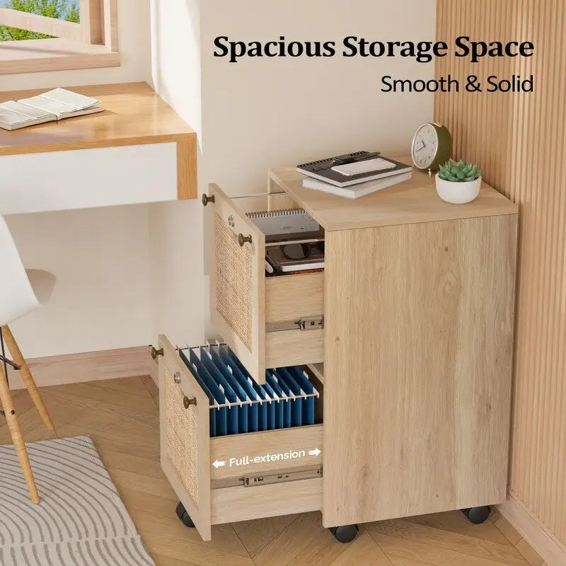 Mobile 2-Drawer File Cabinet with Rattan Panels, Lock & Wheels