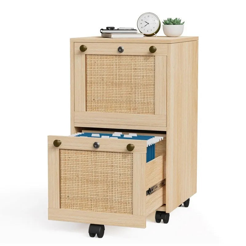 Mobile 2-Drawer File Cabinet with Rattan Panels, Lock & Wheels