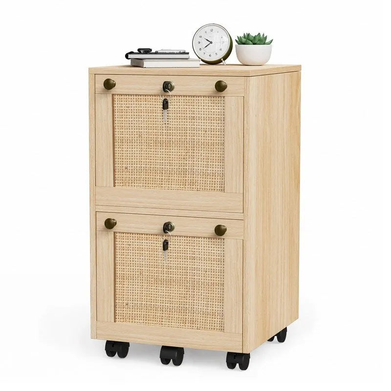 Mobile 2-Drawer File Cabinet with Rattan Panels, Lock & Wheels