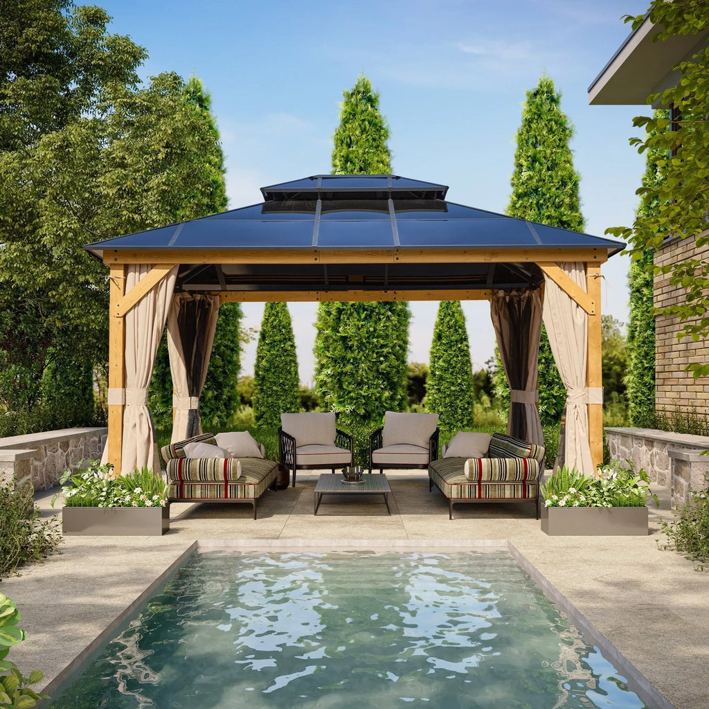 EROMMY Hardtop Gazebo,Outdoor Pergola with Double Roof & Netting & Curtains,Heavy Duty Canopy for Patio, Backyard, Pool party