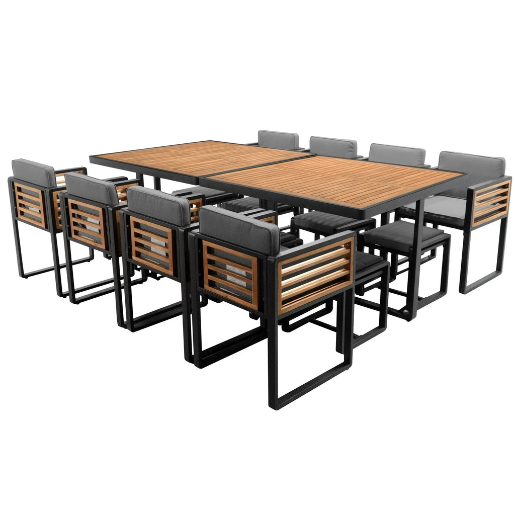 18-Pieces Acacia Wood Patio Dining Set, 8 Cushioned Chairs & 8 Ottomans & 2 Square Table