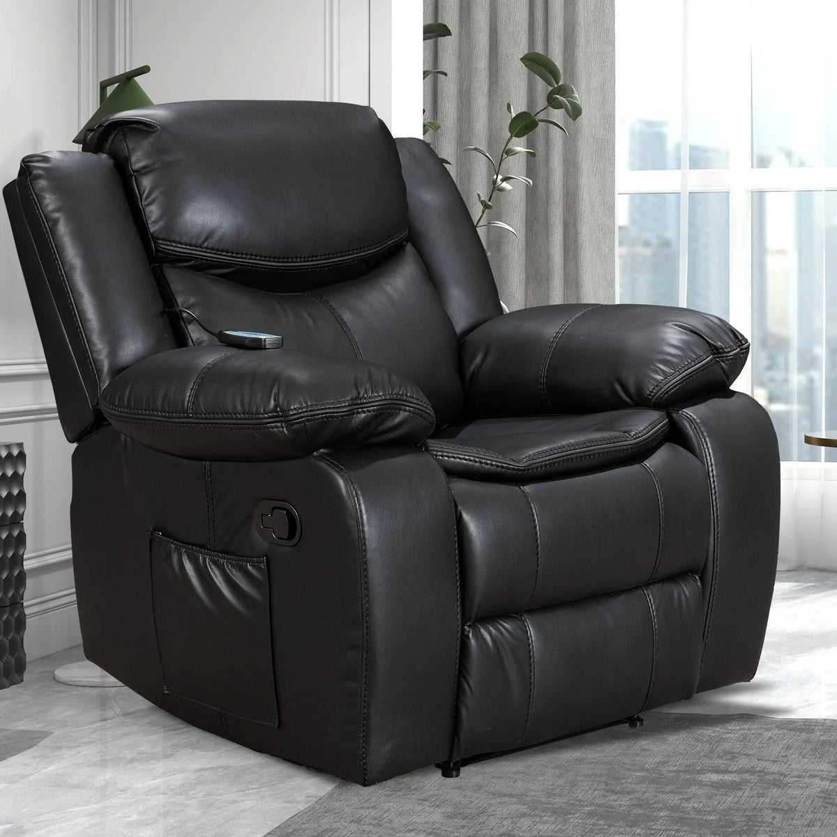 Wide Seat Durable Leather Massage and Heat Recliner