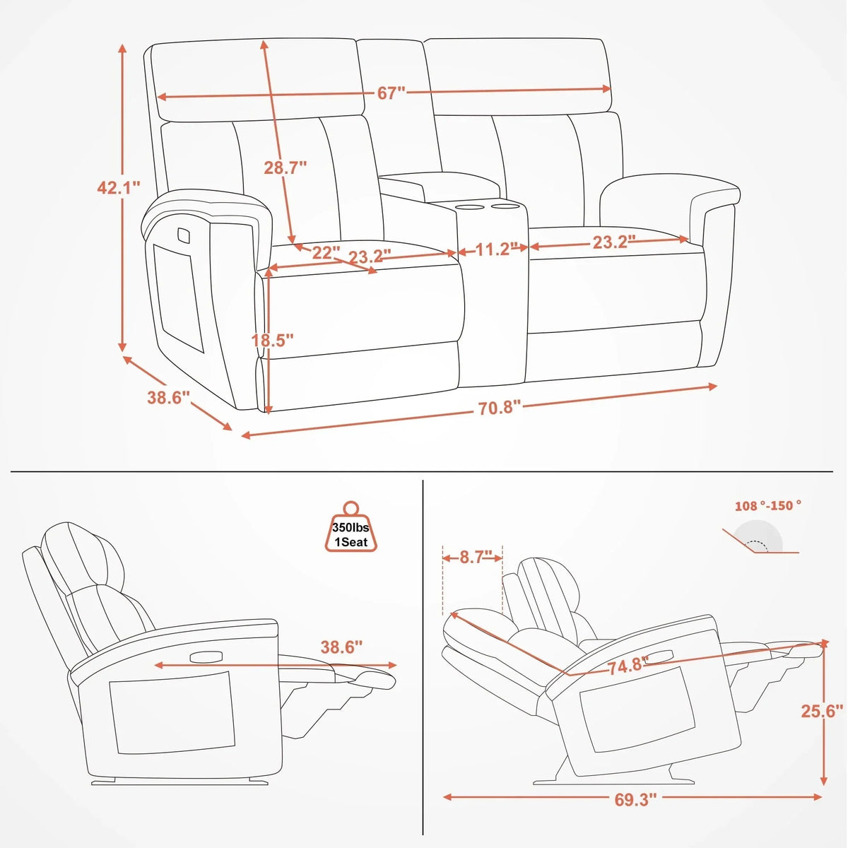 MCombo 60.2 Power Loveseat Recliner Sofa with Massage and Dual Heating, Adjustable Headrest, USB & Type C Port, Fabric