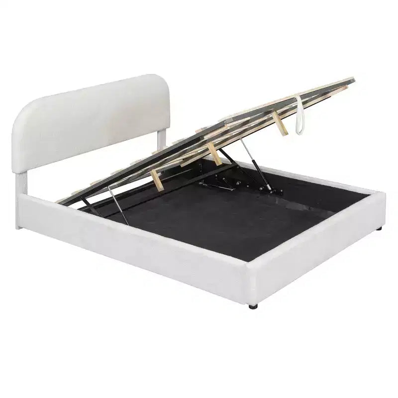 Queen Size Upholstered Bed with Lift-Up Storage - White