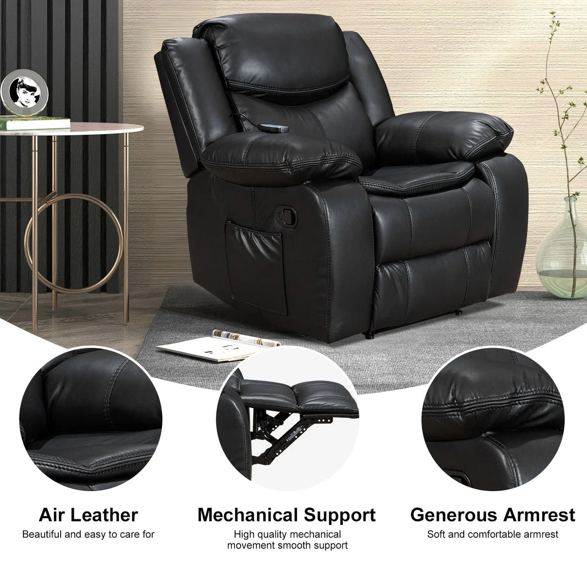 Wide Seat Durable Leather Massage and Heat Recliner