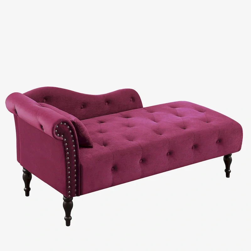Modern 60.6  Velvet Upholstered Buttons Tufted Chaise Lounge Chair with Solid Wood Legs and Nailheads