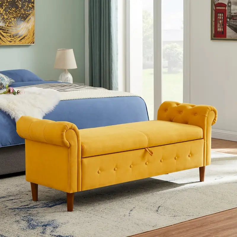 Storage Bench for Bedroom End of Bed Rolled Armed Velvet Ottoman Couch Long Bench