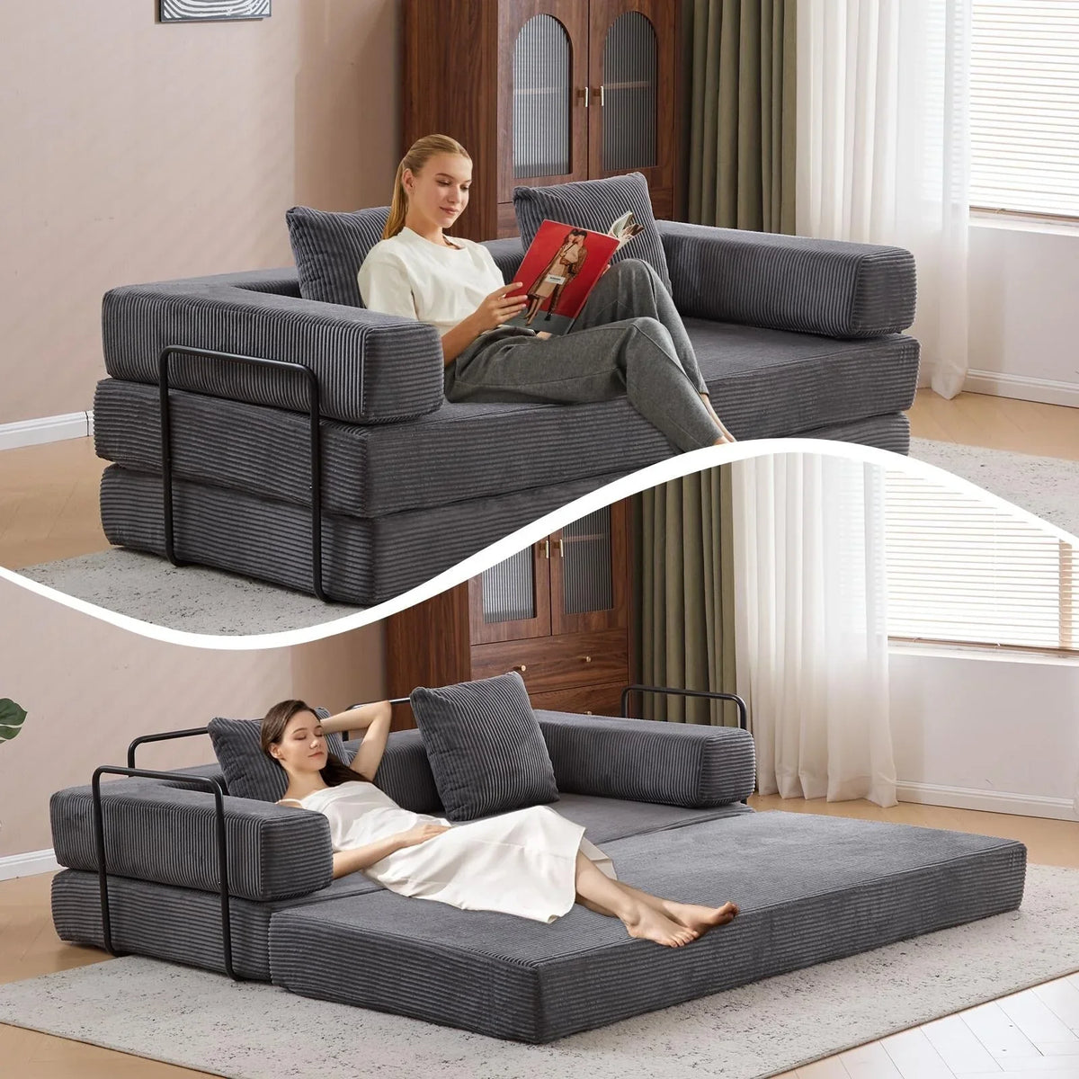 Convertible Floor Sofa Bed with Pillow Back Chenille Fabric for Living Room Bedroom