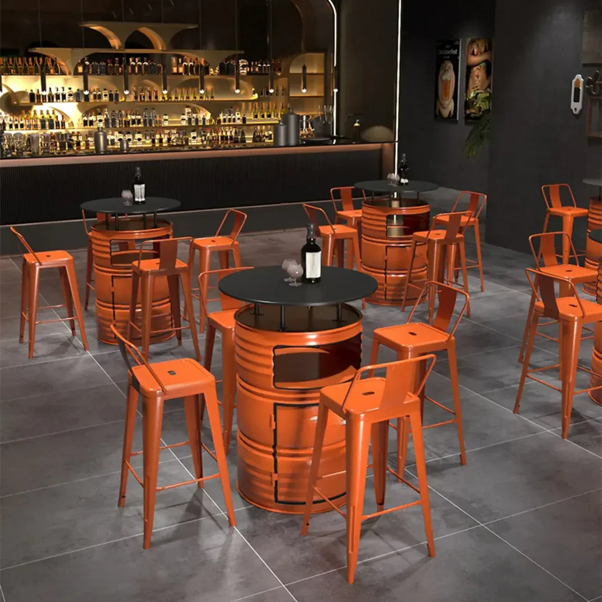 Industrial Black Orange Metal Drum Storage Bar Tables